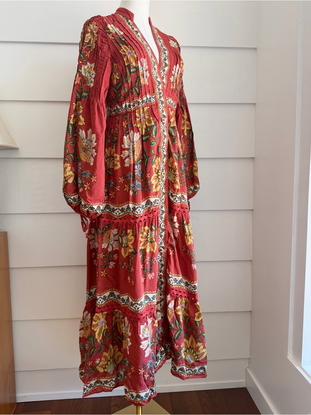 Farm Rio Red Garden Delight Long Sleeve Midi Dress size M runs small - Picture 8 of 13